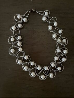 Elegant White Faux Pearl and Silver Loop Necklace